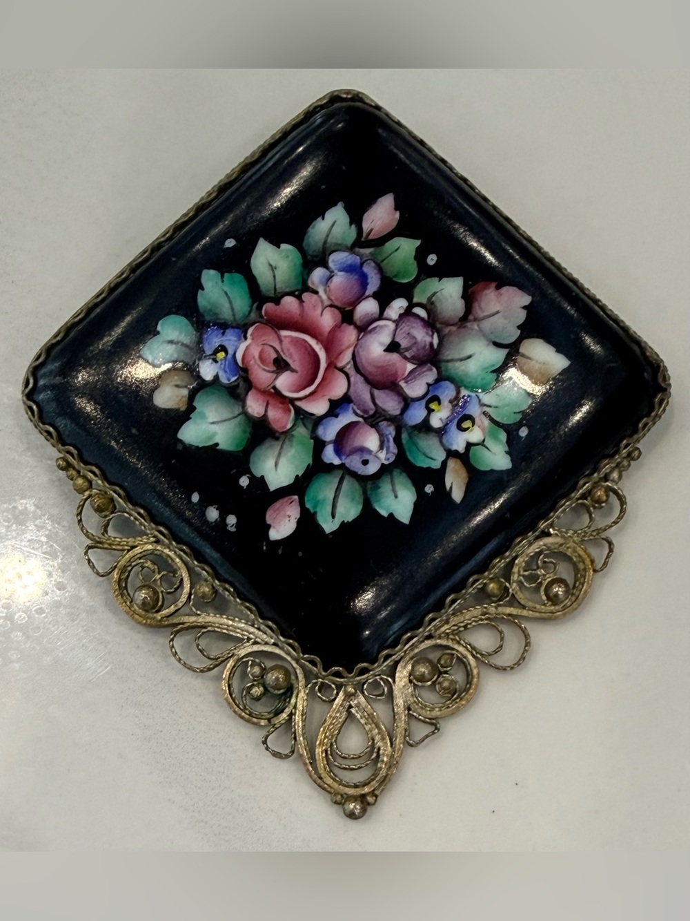 Rare Russian Enamel Silver tone Filigree Vintage Brooch Pink Purple Roses 70s